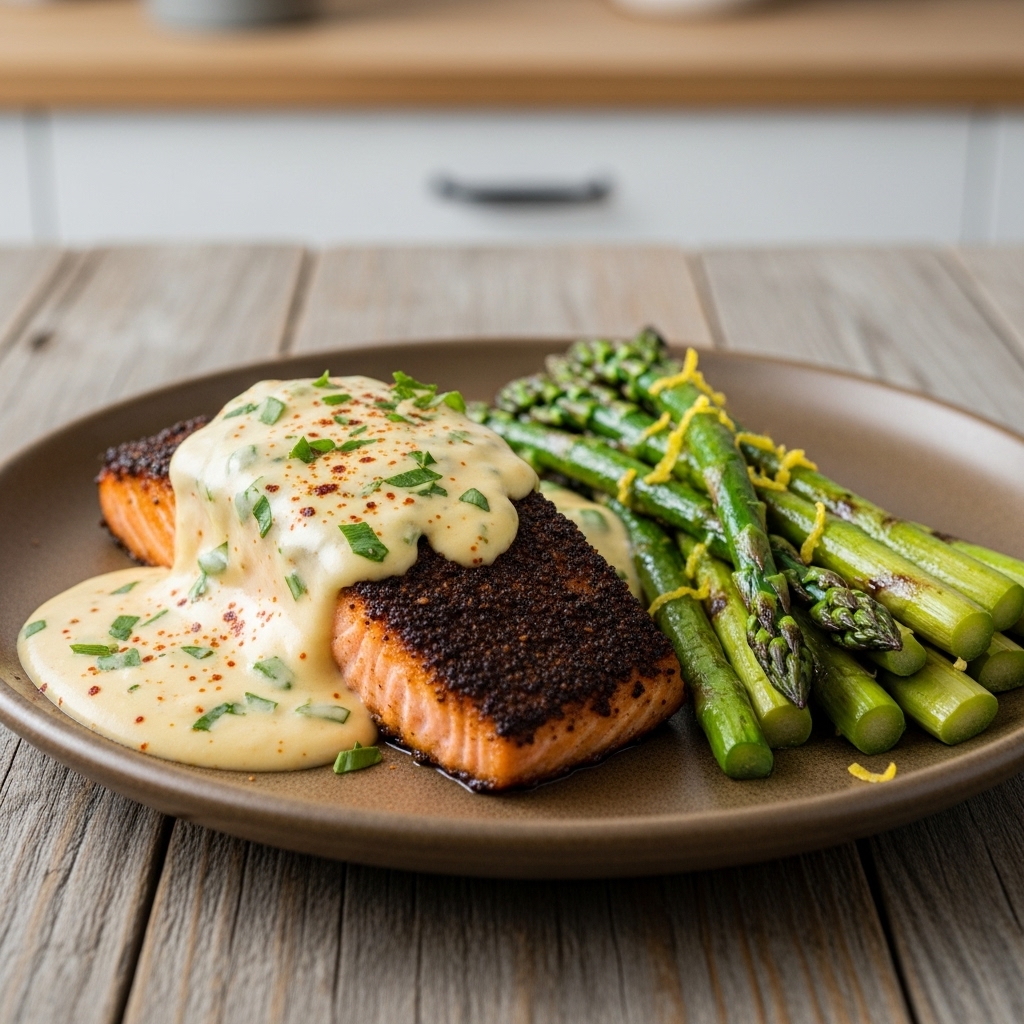 Southern Cajun Spiced Salmon with Creole Hollandaise & Zesty Lemon Asparagus (Paleo-Friendly)