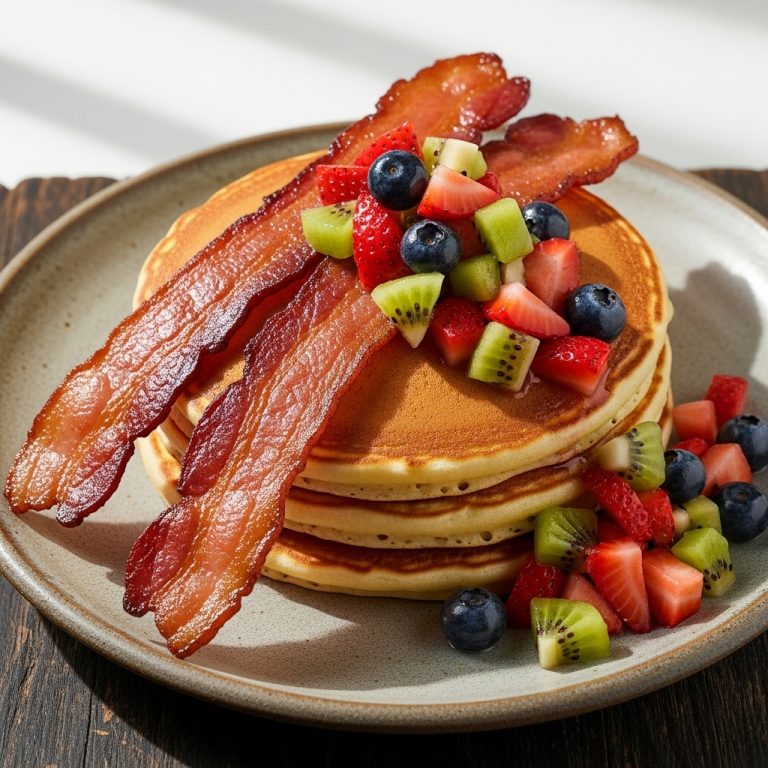 Southern Comfort Breakfast: Fluffy Buttermilk Pancakes with Crispy Bacon & Fresh Fruit Salsa