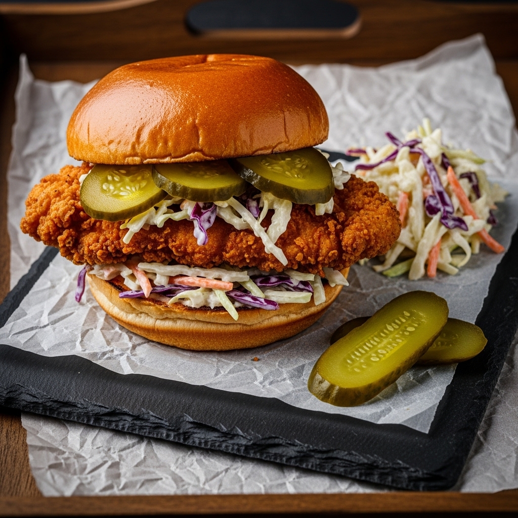 Southern Fried Chicken Sandwich with Coleslaw and Pickles