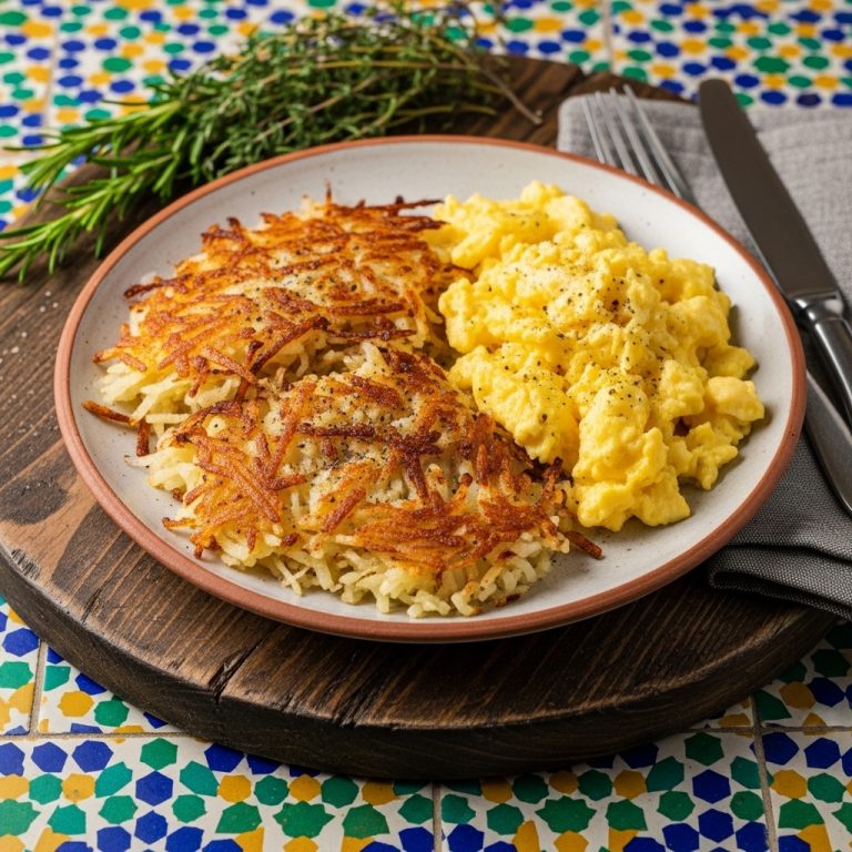 “Southern Gluten-Free Breakfast Platter: Savory Hash Browns & Fluffy Scrambled Eggs”