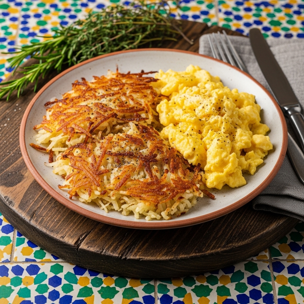 “Southern Gluten-Free Breakfast Platter: Savory Hash Browns & Fluffy Scrambled Eggs”