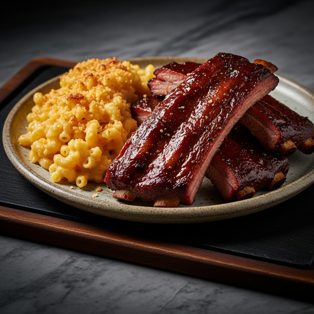 Southern Grill Dinner: Smoky Memphis BBQ Ribs with Creamy Mac & Cheese