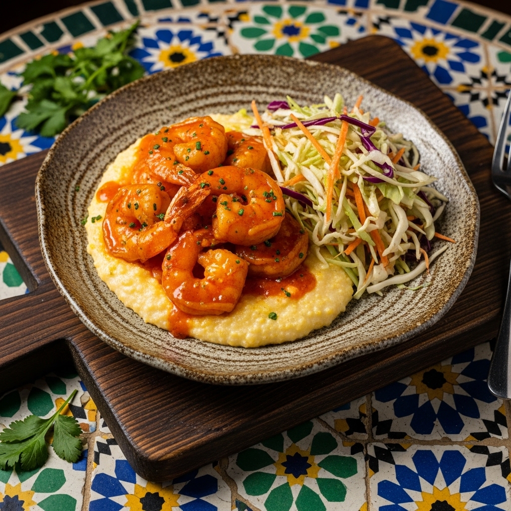 Southern Grill Lunch: Firecracker Shrimp and Cheesy Grits with Zesty Slaw