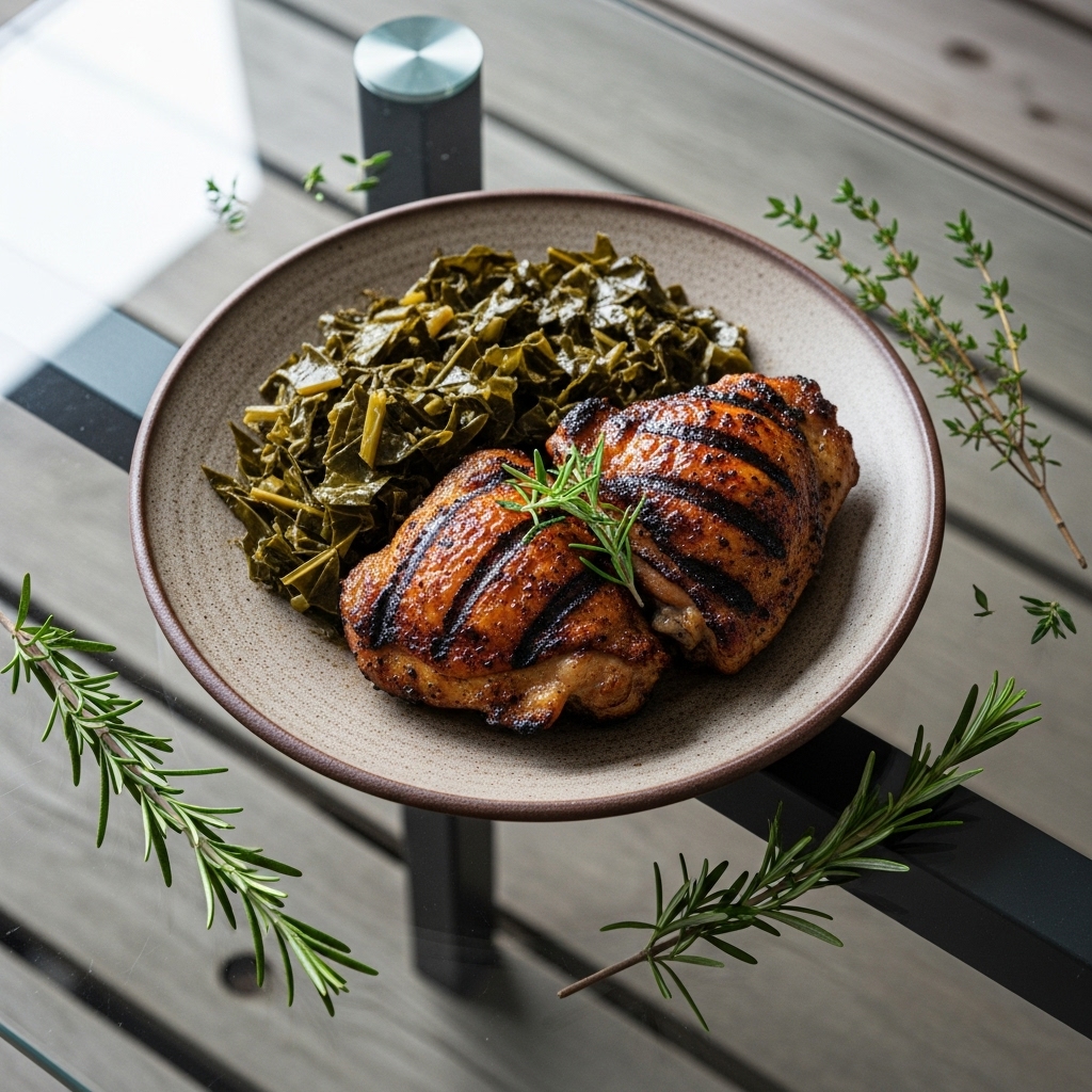 Southern Grill Lunch: Smoky Chicken Thighs & Collard Greens