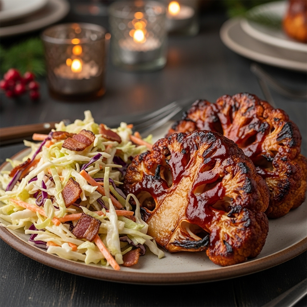 Southern Grill Smoky BBQ Cauliflower Steaks with Warm Bacon-Coleslaw