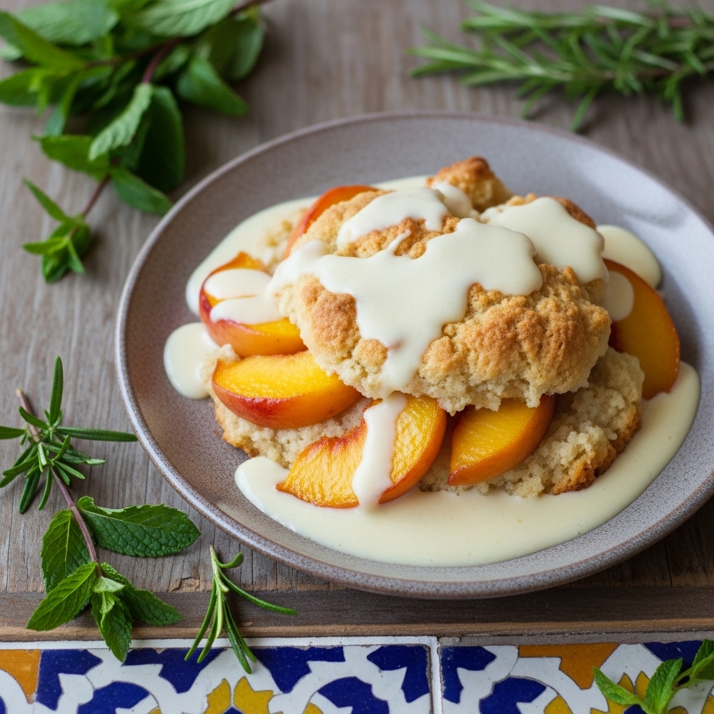 Southern Peach Cobbler Delight with Luscious Vanilla Sauce (Vegan & Vegetarian Friendly)