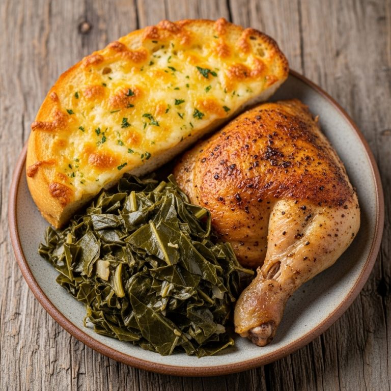 Southern-Style Pan-Seared Chicken with Creamy Collard Greens and Cheesy Garlic Bread