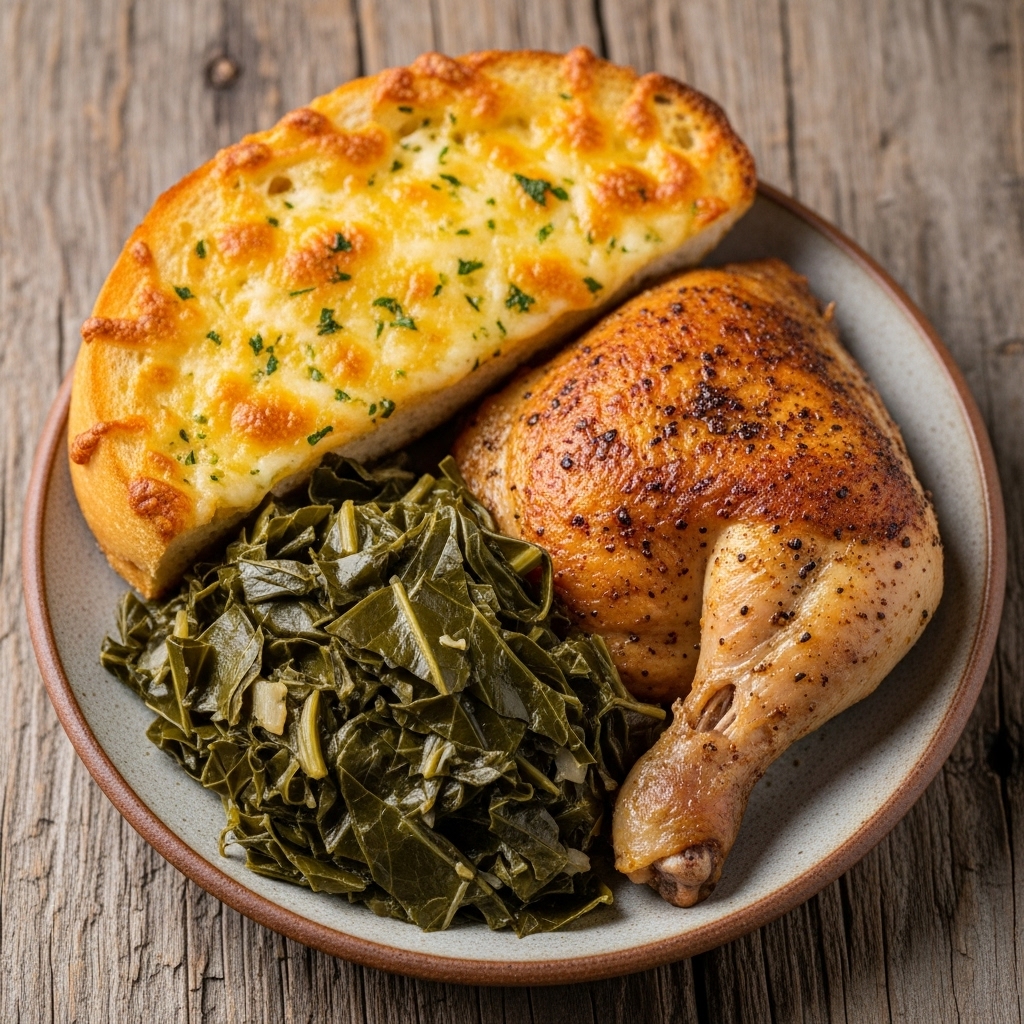 Southern-Style Pan-Seared Chicken with Creamy Collard Greens and Cheesy Garlic Bread