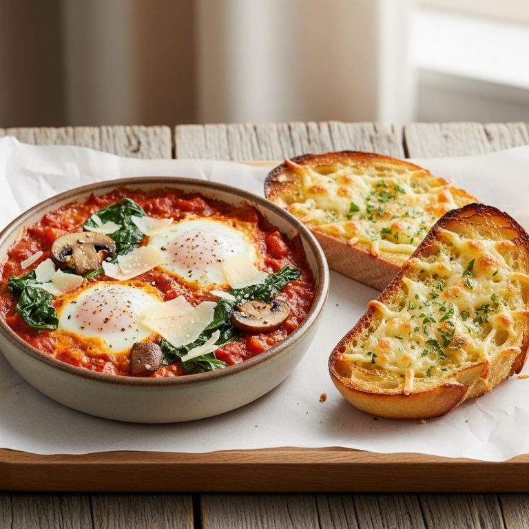 “Southern US Brunch Delight: Creamy Mushroom and Spinach Shakshuka with Cheesy Garlic Toast”