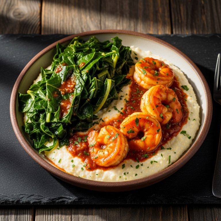 Southern US Dinner: Gluten-Free Creole Shrimp & Grits with Spicy Collard Greens