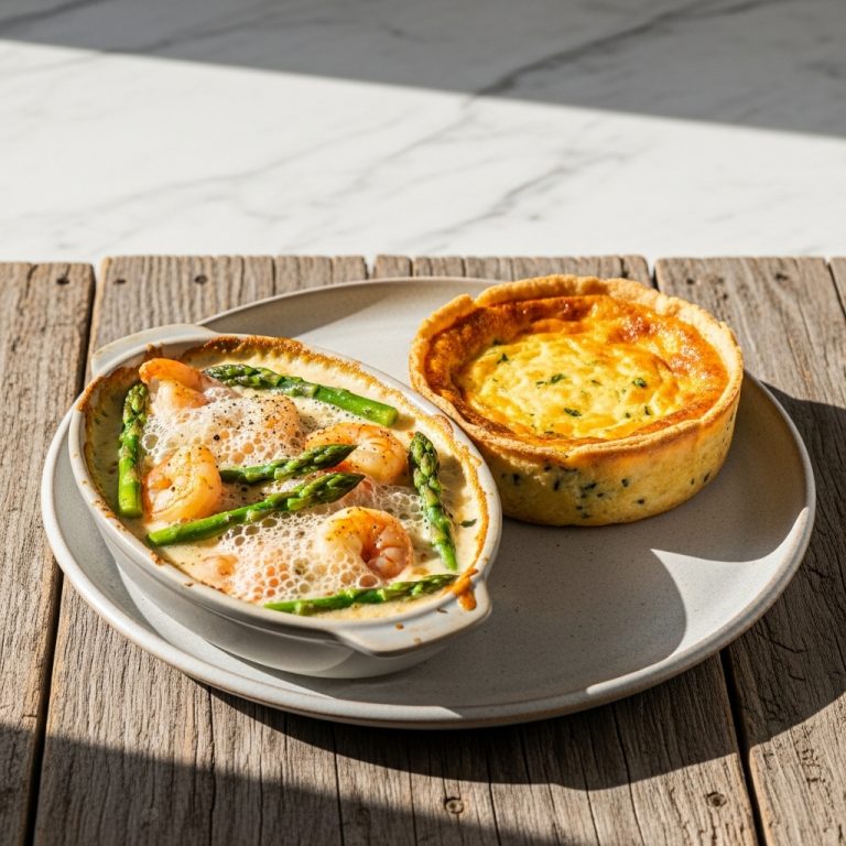 Southern US Keto Brunch: Luscious Creamy Shrimp and Asparagus Gratin with Crustless Quiche