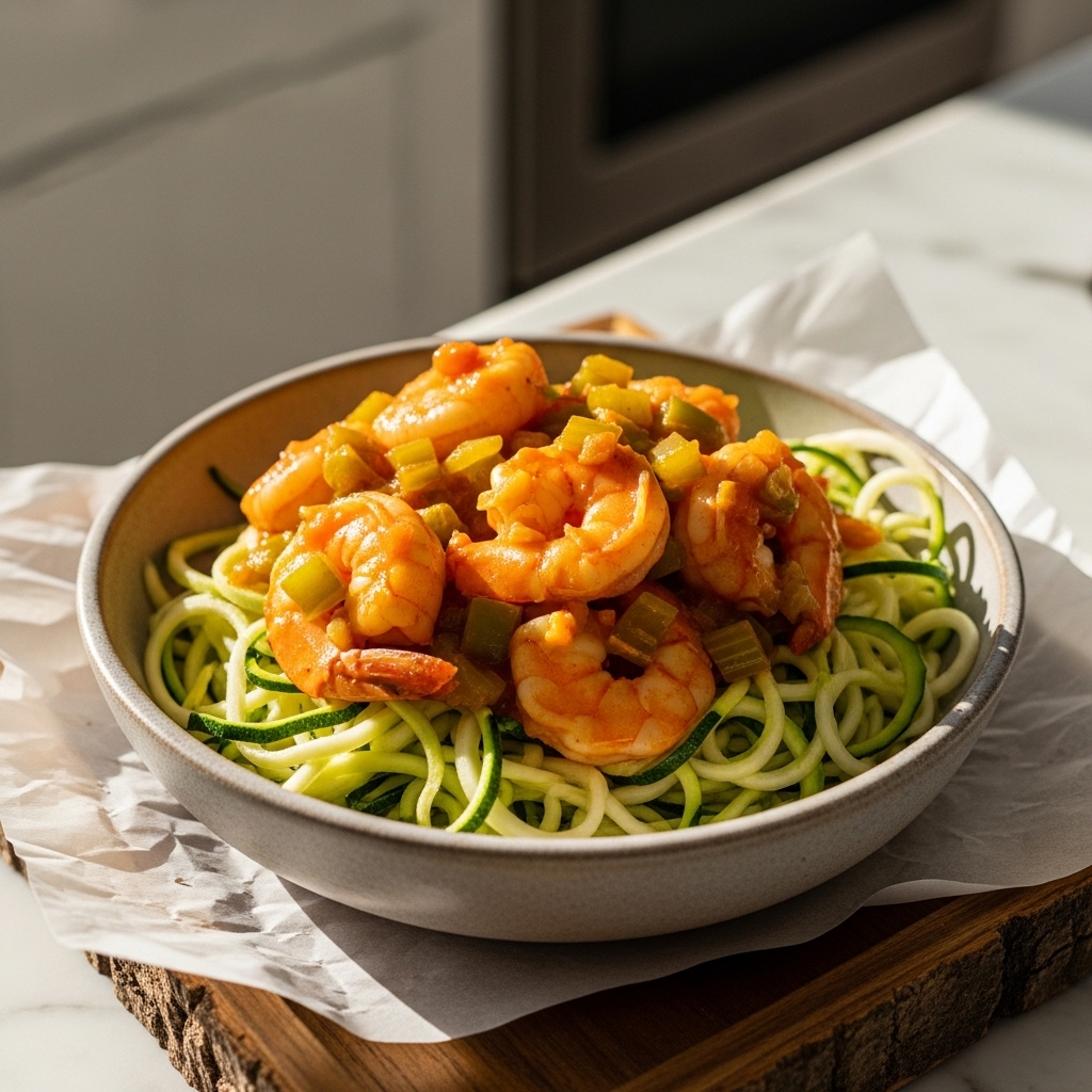 Southern US Keto Creamy Shrimp Creole Over Zucchini Noodles