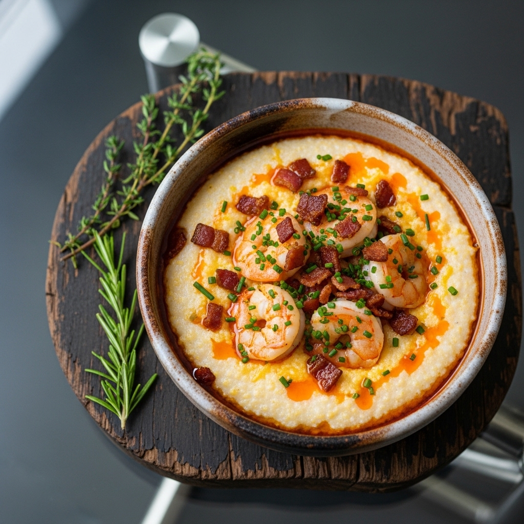 Southern US Lunch: Creamy Shrimp and Grits with Crispy Bacon Topping