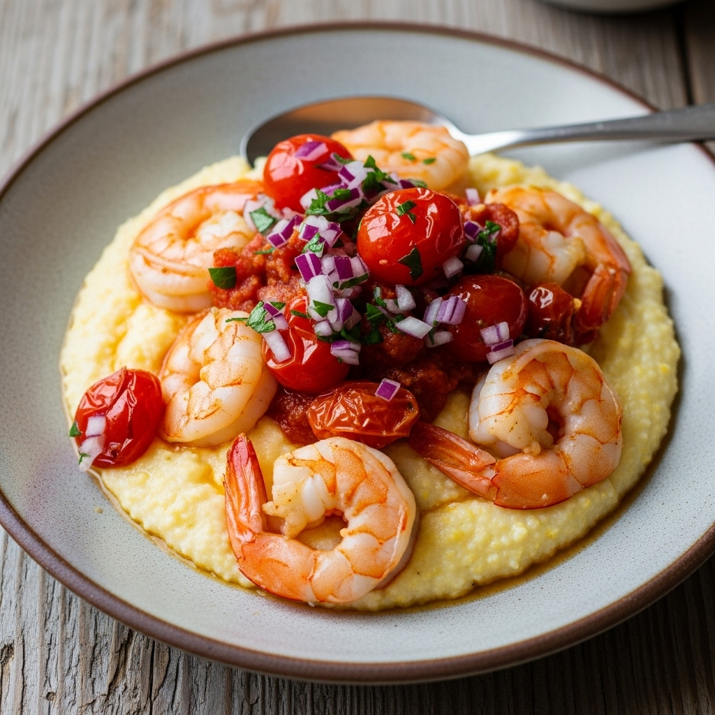 Southern US Lunch Masterpiece: 5-Star Creamy Shrimp and Grits with Roasted Tomato Relish