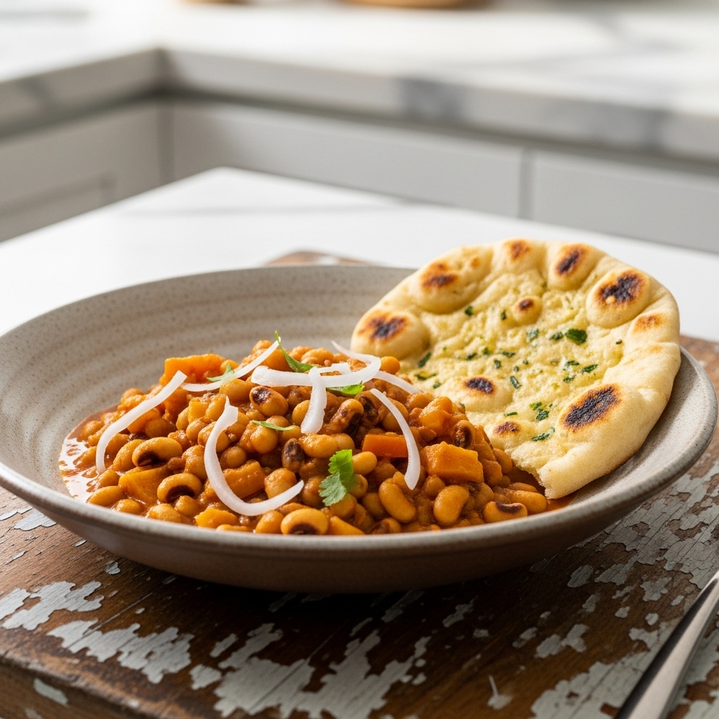 “Southern US Lunch: Vegan Black-Eyed Pea Coconut Curry with Garlic Naan”