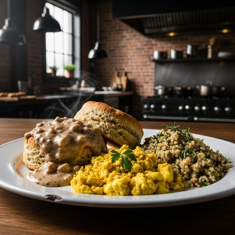 Southern Vegan Biscuits and Gravy with Scrambled Tofu and Savory Herb-Infused Quinoa – A Cinematic Brunch Experience