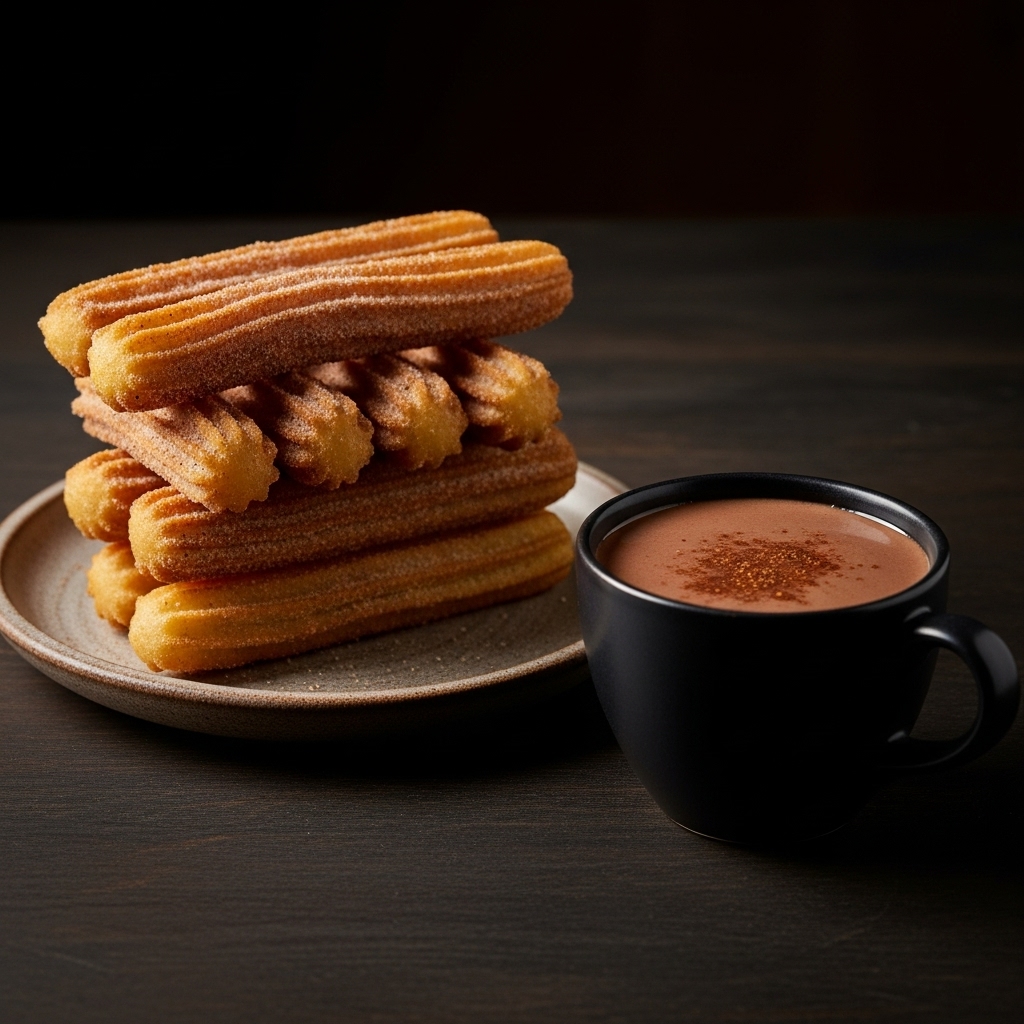 Spanish Brunch Delight: Churro Stack with Spiced Hot Chocolate