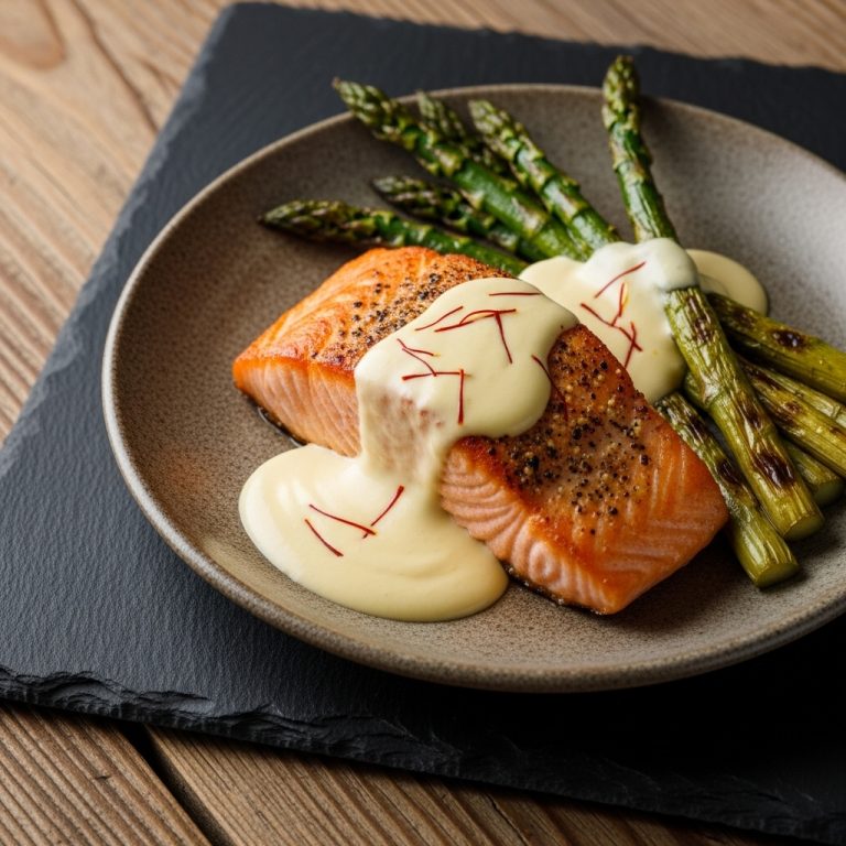 Spanish-Inspired Seared Salmon with Saffron Cream Sauce and Roasted Asparagus