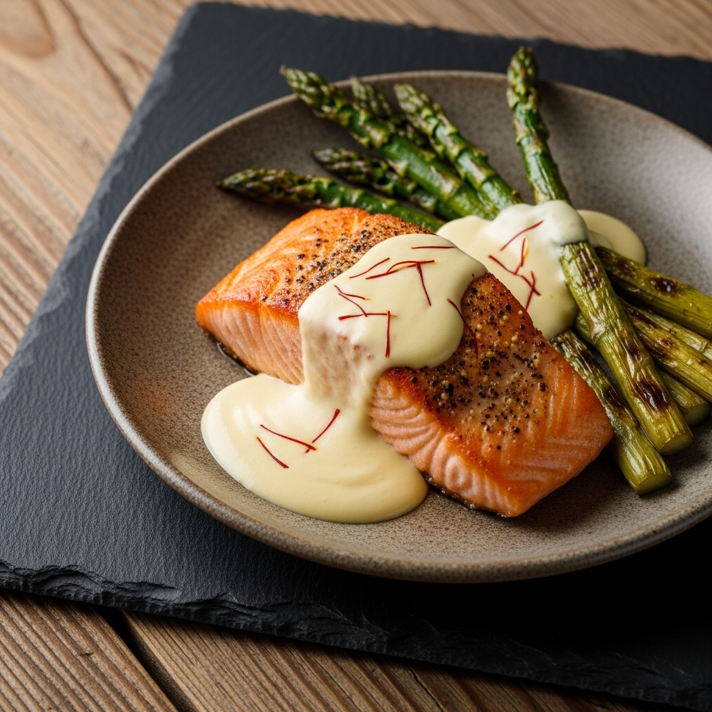 Spanish-Inspired Seared Salmon with Saffron Cream Sauce and Roasted Asparagus