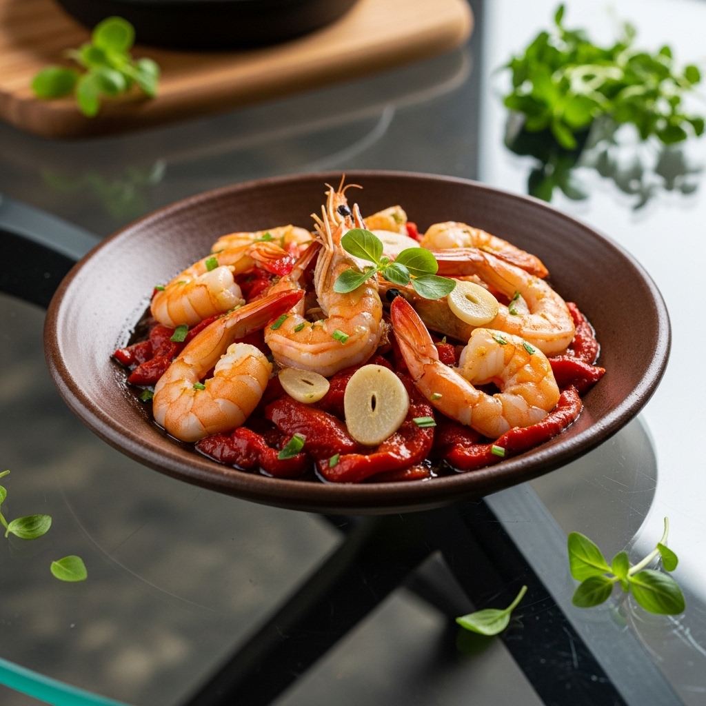 Spanish Tapas Extravaganza: Aromatic Shrimp & Garlic Prawns with Roasted Red Pepper Sauce – Easy Spanish Lunch Recipe for 6