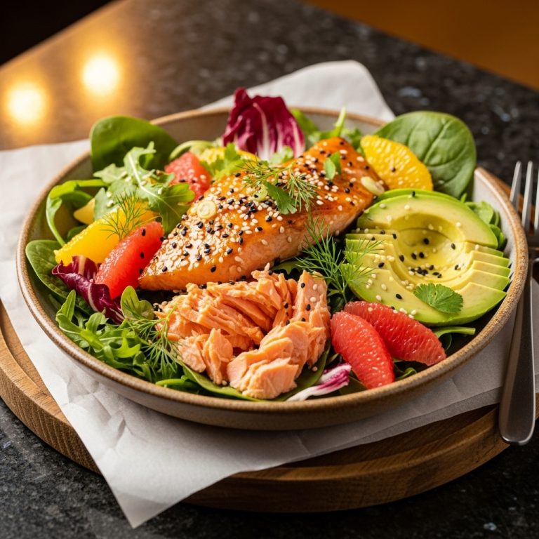 Sparkling Citrus Salmon Bowl with Mixed Greens and Avocado