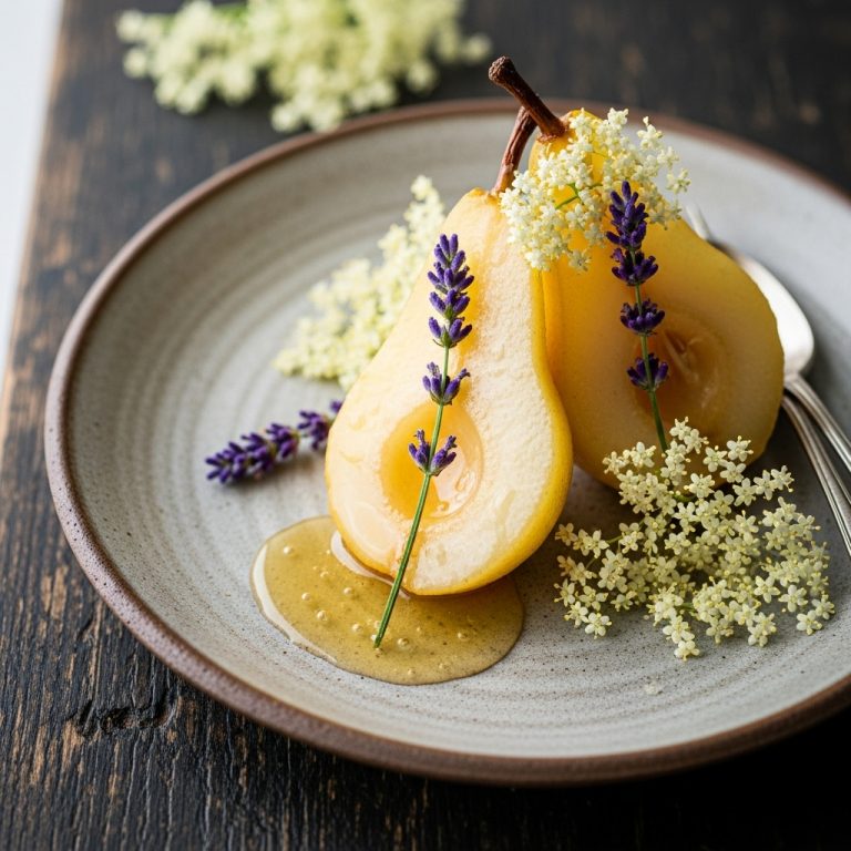Sparkling Lavender & Elderflower Cordial with Honey-Poached Pears
