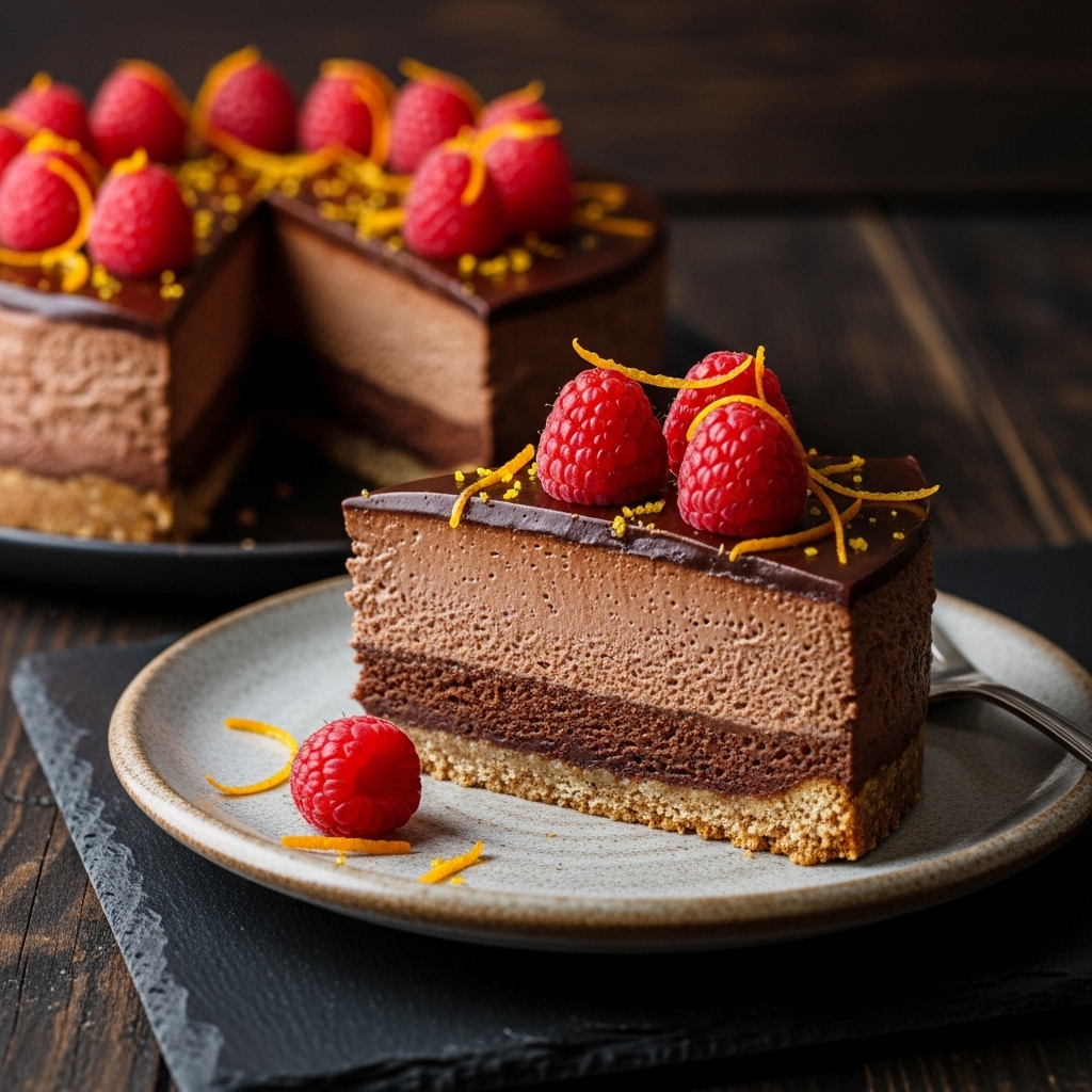 Spicy Chocolate Mousse Cake with Orange-Infused Raspberries (Gluten-Free, Dairy-Free, Paleo)