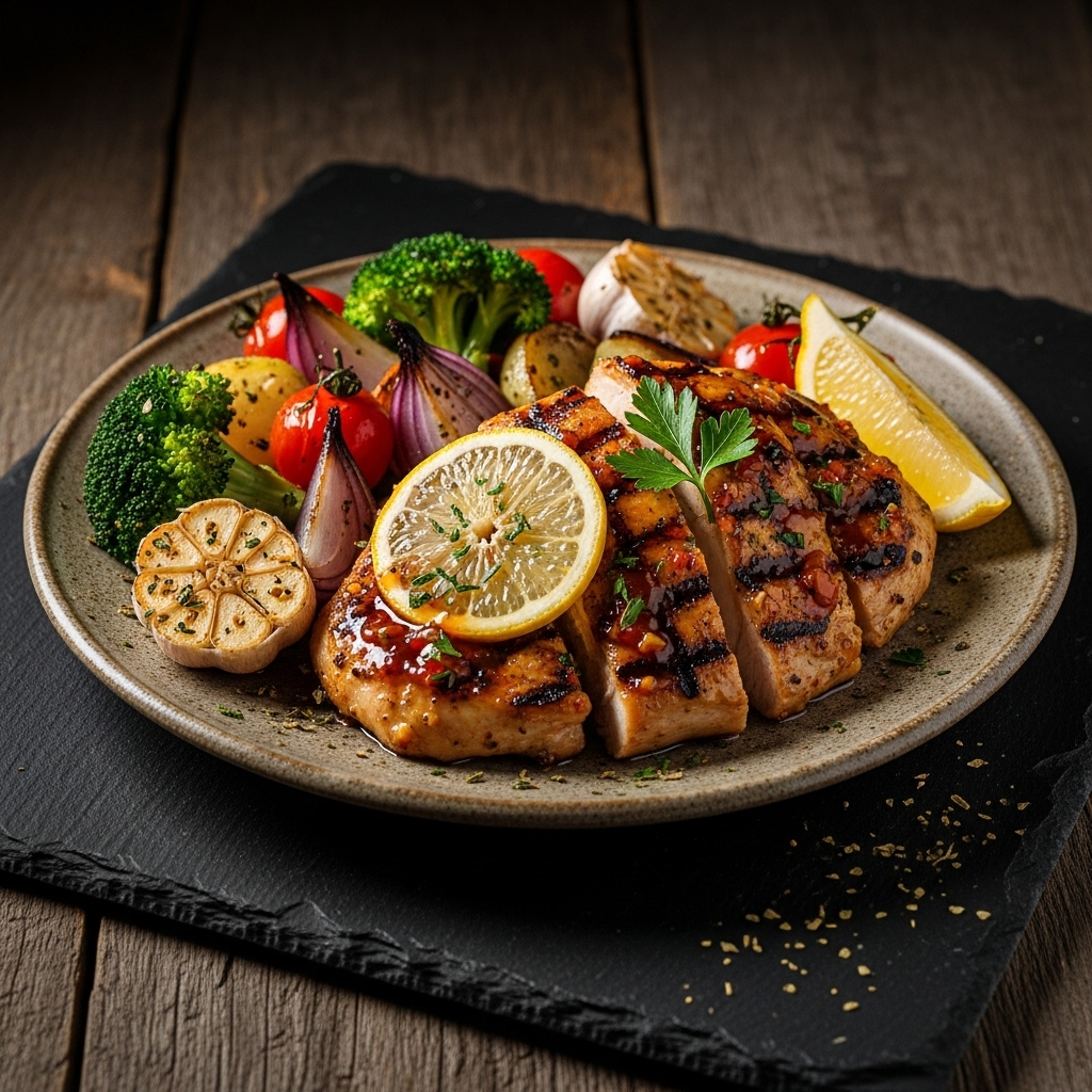 Spicy Grilled Lemon Herb Chicken with Garlic Roasted Vegetables (Paleo)