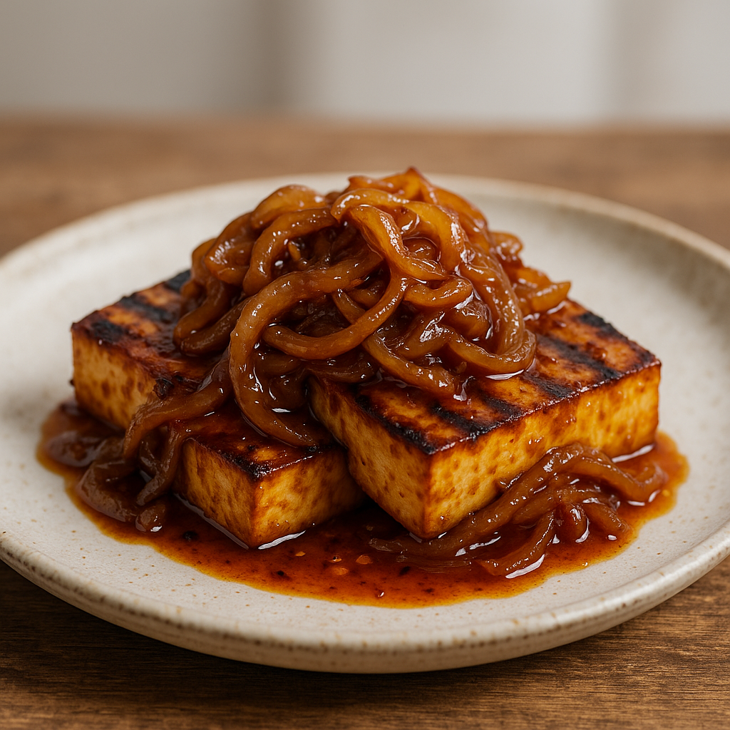 Spicy Grilled Tofu Steaks with Miso Caramelized Onions