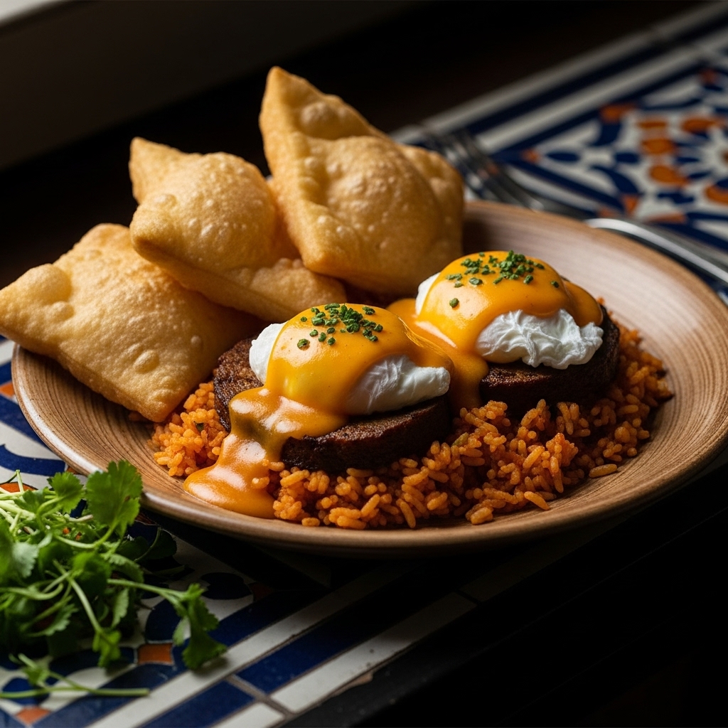 Spicy Jollof Rice and Eggs Benedict with Gluten-Free Fry Bread – A Nigerian Brunch Adventure