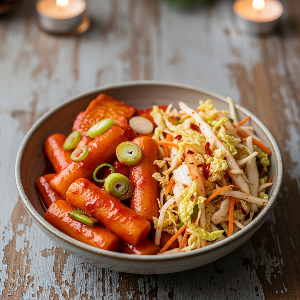 Spicy Korean Rice Cakes (Tteokbokki) with Kimchi Slaw
