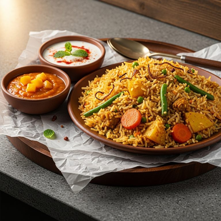 Spicy Pakistani Vegetable Biryani with Mango Chutney and Raita