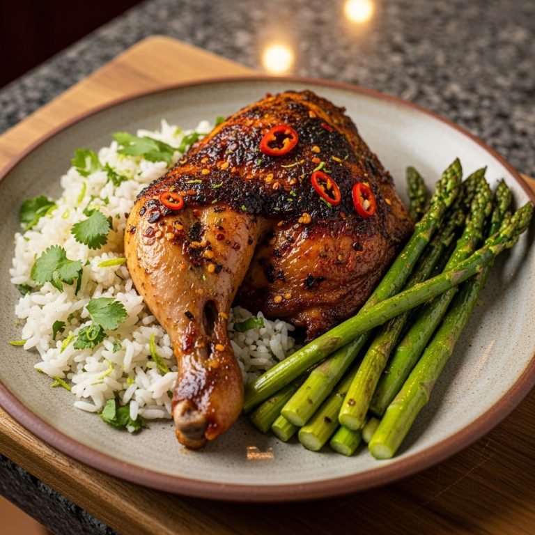 Spicy Roasted Chicken with Cilantro-Lime Rice and Garlic-Roasted Asparagus