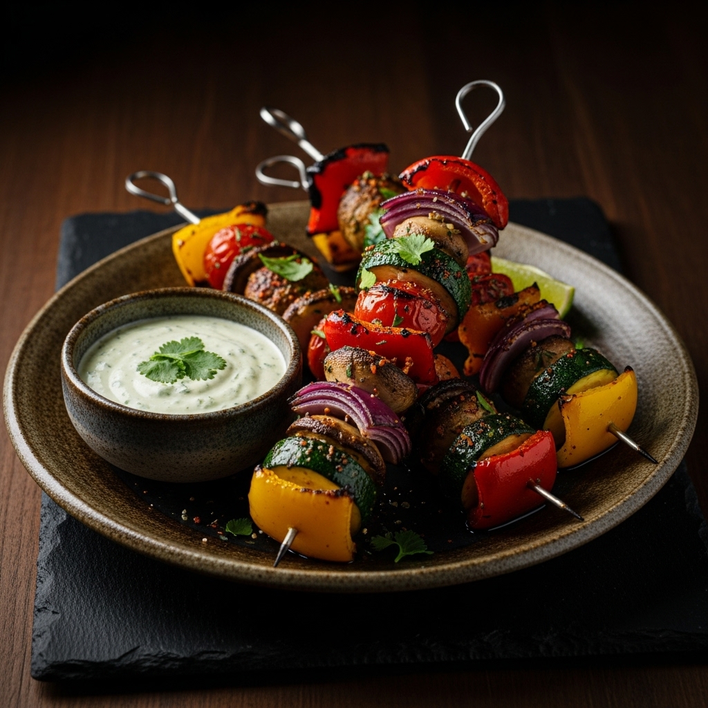 Spicy Roasted Vegetable Skewers with Cilantro Lime Dipping Sauce