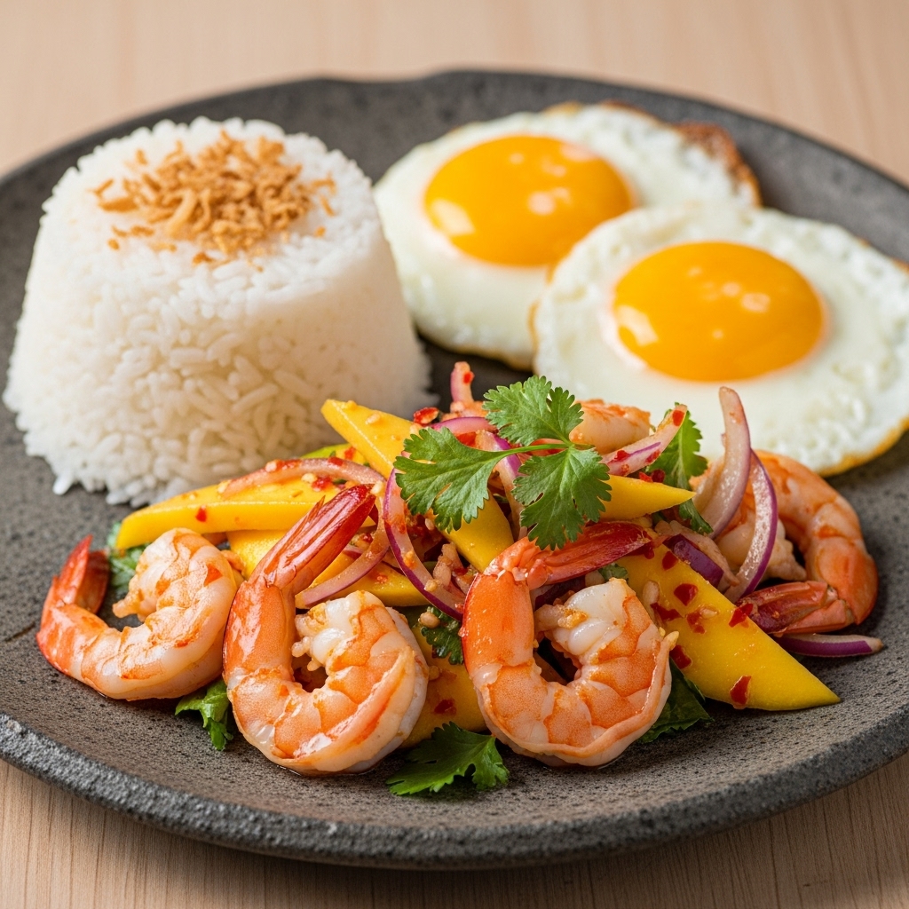 Spicy Shrimp and Mango Salad with Fried Eggs & Coconut Rice – A Thai Breakfast Delight