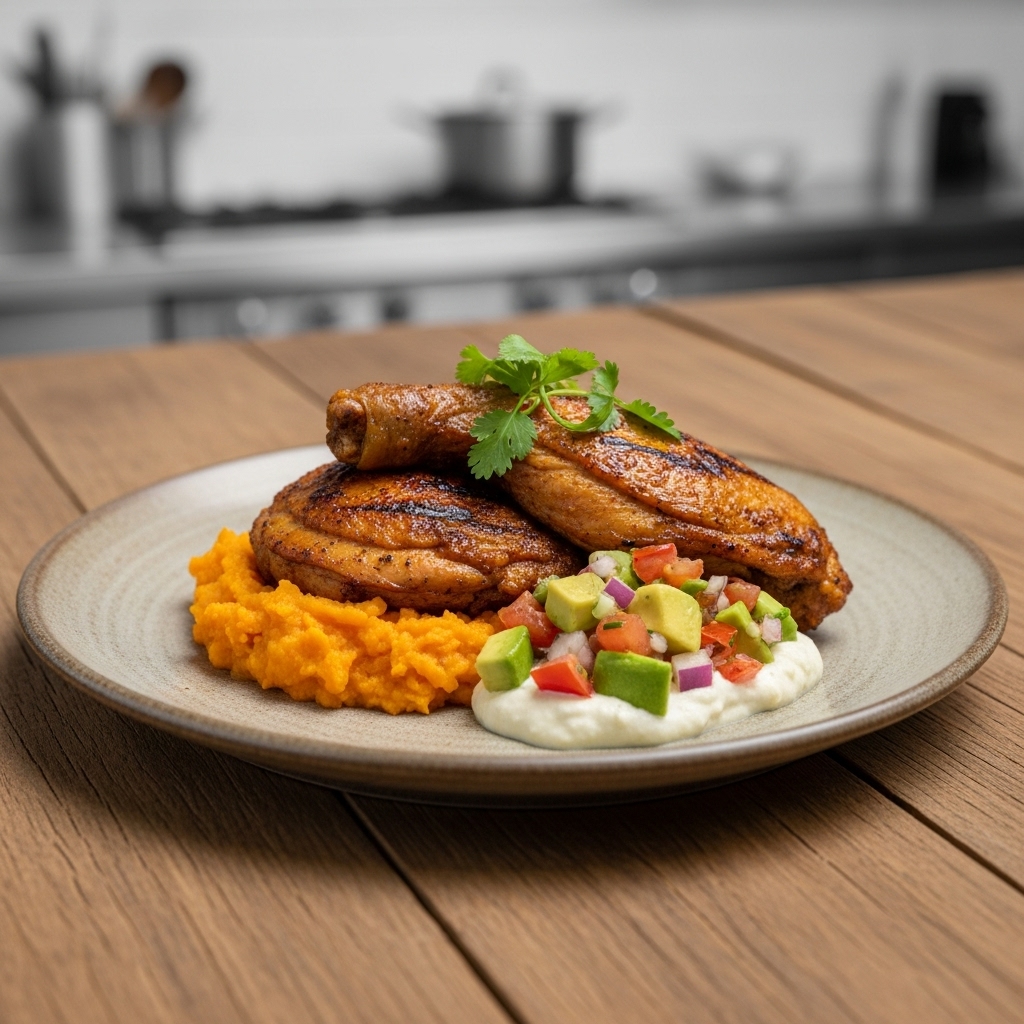 Spicy South African Peri-Peri Chicken with Roasted Sweet Potato Mash and Creamy Avocado Salsa