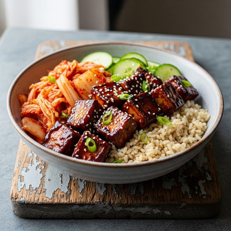 “Spicy Soy-Glazed Korean BBQ Tofu Bowl with Cucumber Kimchi and Brown Rice”