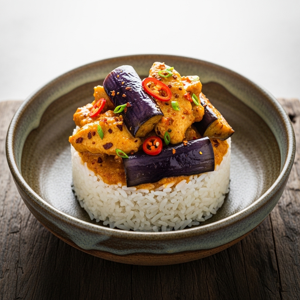 Spicy Sri Lankan Paleo Coconut Curry Chicken with Eggplant Rice Bowl – A Sensory Experience