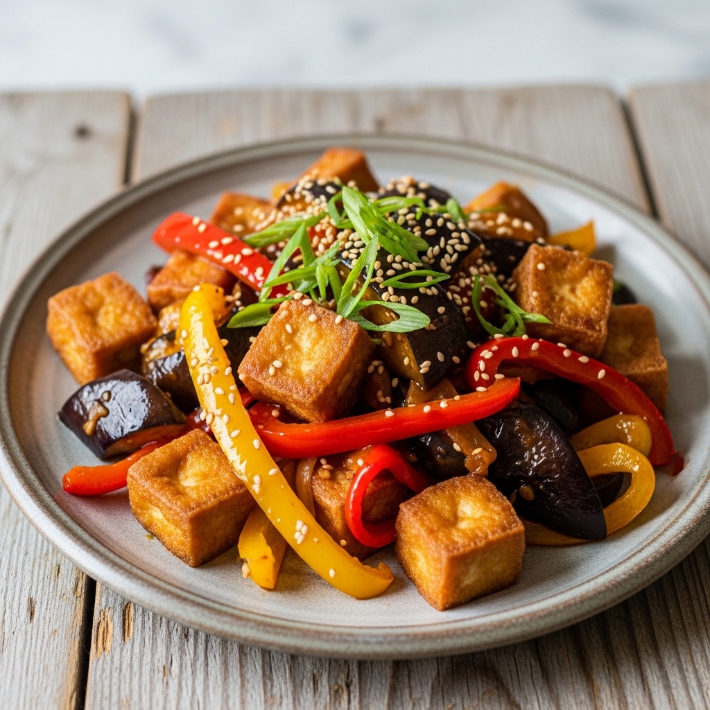 Spicy Szechuan Tofu Stir-Fry with Eggplant and Bell Pepper (Vegan)