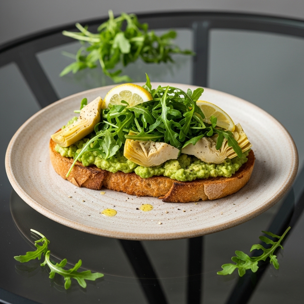 Spicy Vegan Italian Brunch: Savory Avocado Toast with Marinated Artichokes & Zesty Lemon Arugula Salad