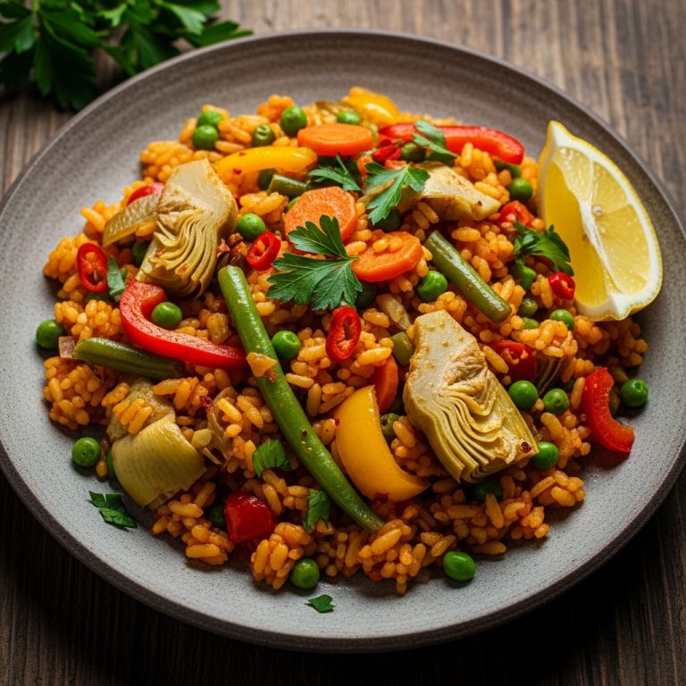 Spicy Vegan Paella with Mixed Vegetables and Artichoke Hearts