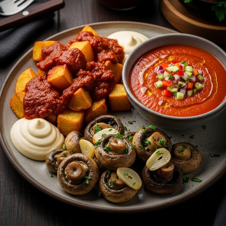 Spicy Vegan Spanish Tapas Platter: Patatas Bravas, Garlic Mushrooms, and Gazpacho Andaluz