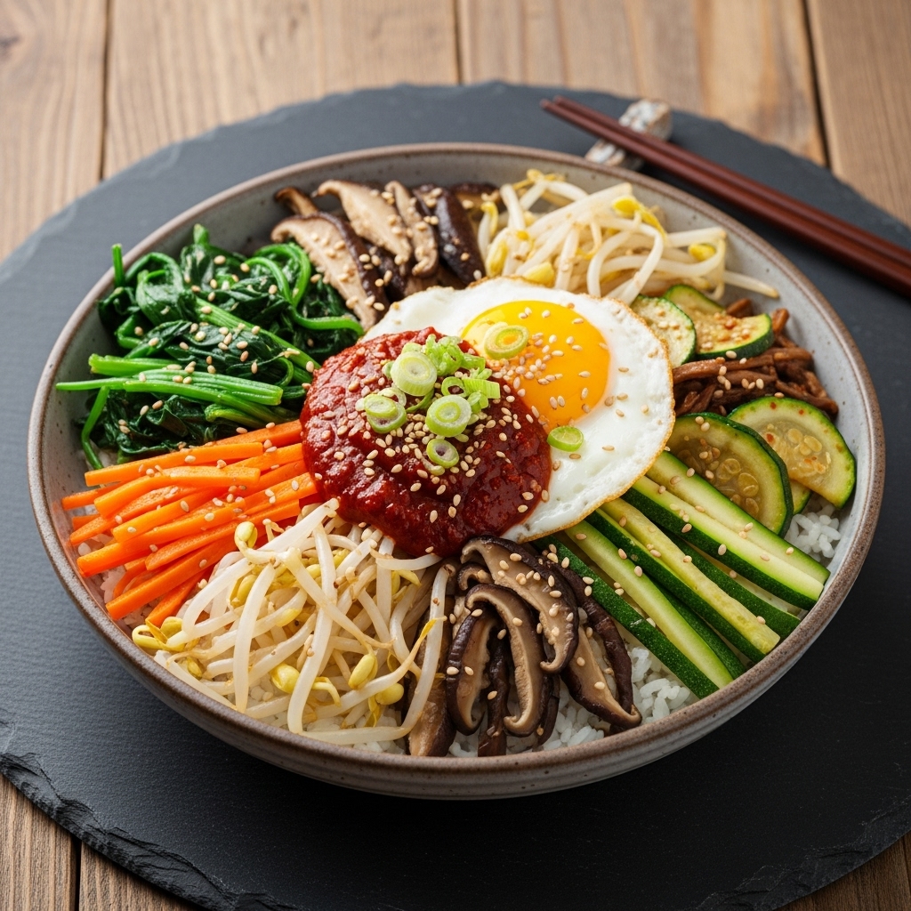 Spicy Vegetarian Korean Bibimbap Bowl: A Colorful & Nutritious Masterpiece