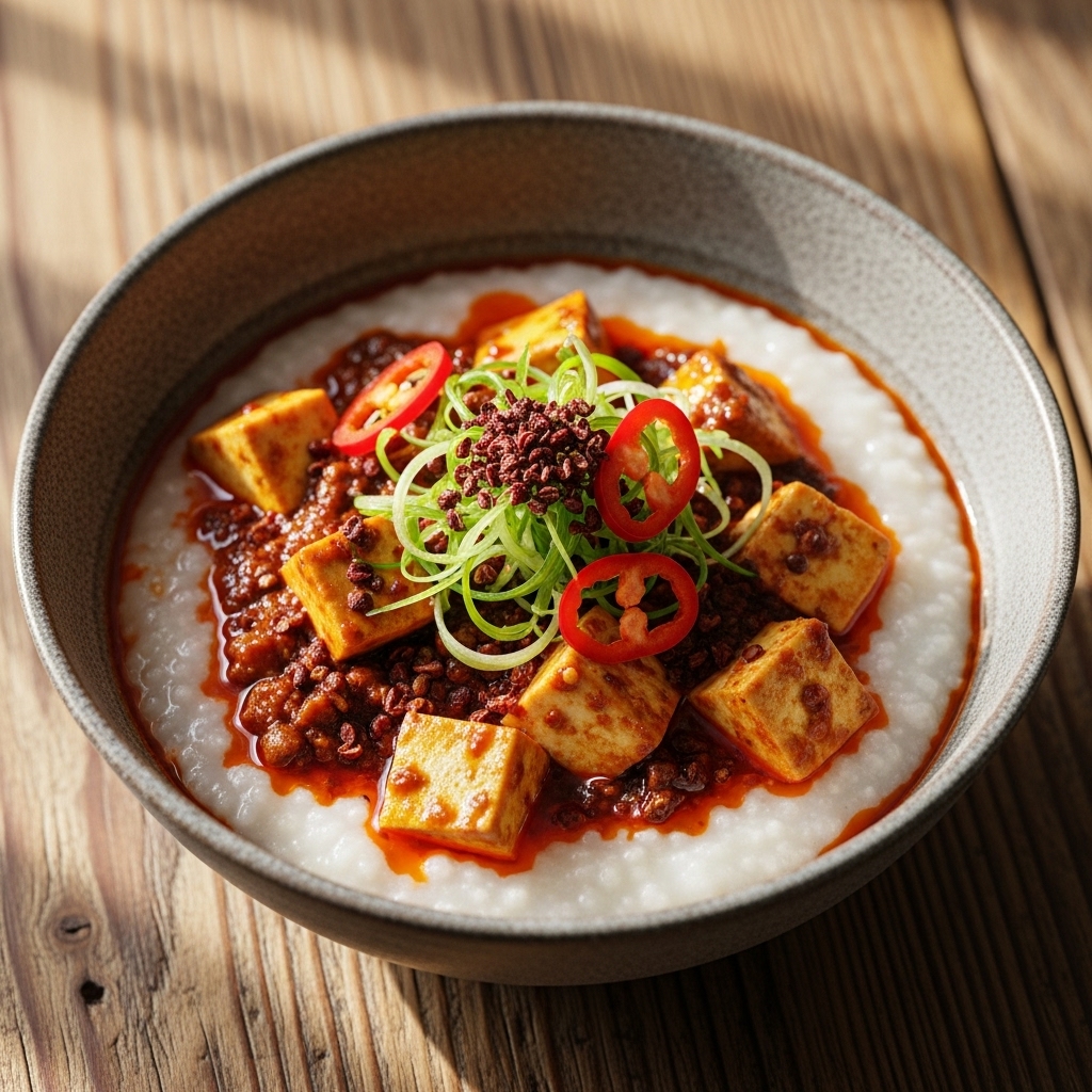 Spicy Vegetarian Mapo Tofu Congee Brunch Bowl