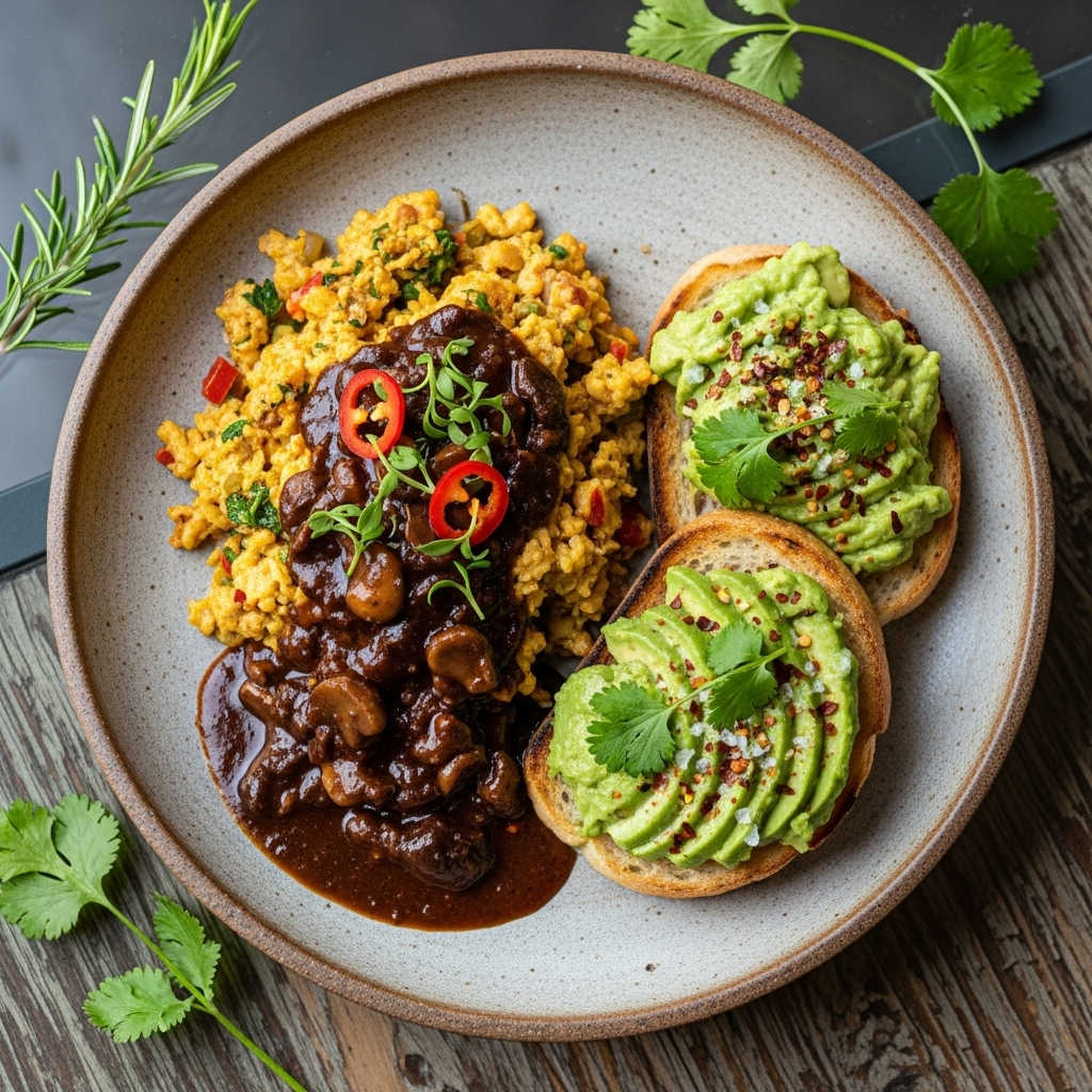 Spicy Veggie Scramble with Mushroom Chipotle Gravy and Creamy Avocado Toast