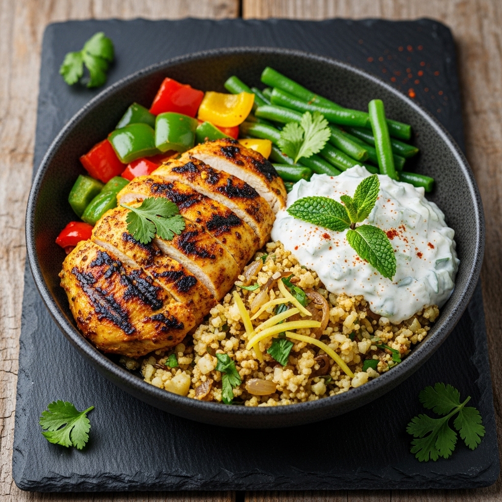 Spirited Keto Indian Bowl with Grilled Chicken and Cucumber Raita