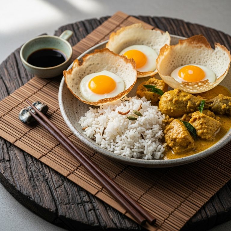 Sri Lankan Breakfast: Keto Coconut Milk Rice & Egg Hoppers with Chicken Curry