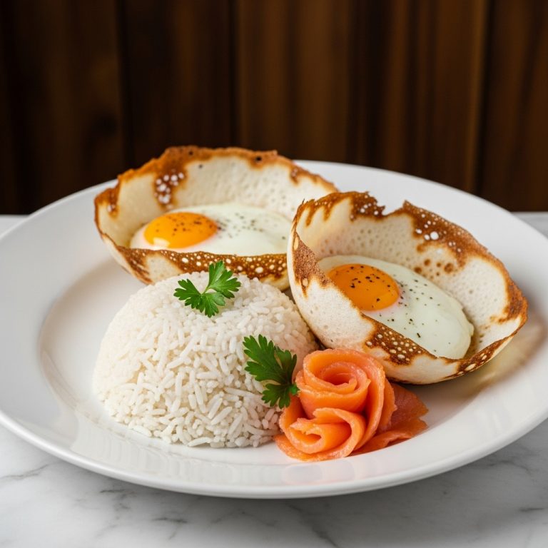 Sri Lankan Brunch Delight: Coconut Milk Rice Bowl with Egg Hoppers and Smoked Salmon