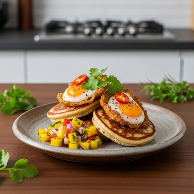 Sri Lankan Brunch Delight: Gluten-Free Coconut Milk Pancakes with Mango Salsa and Crispy Chili Eggs