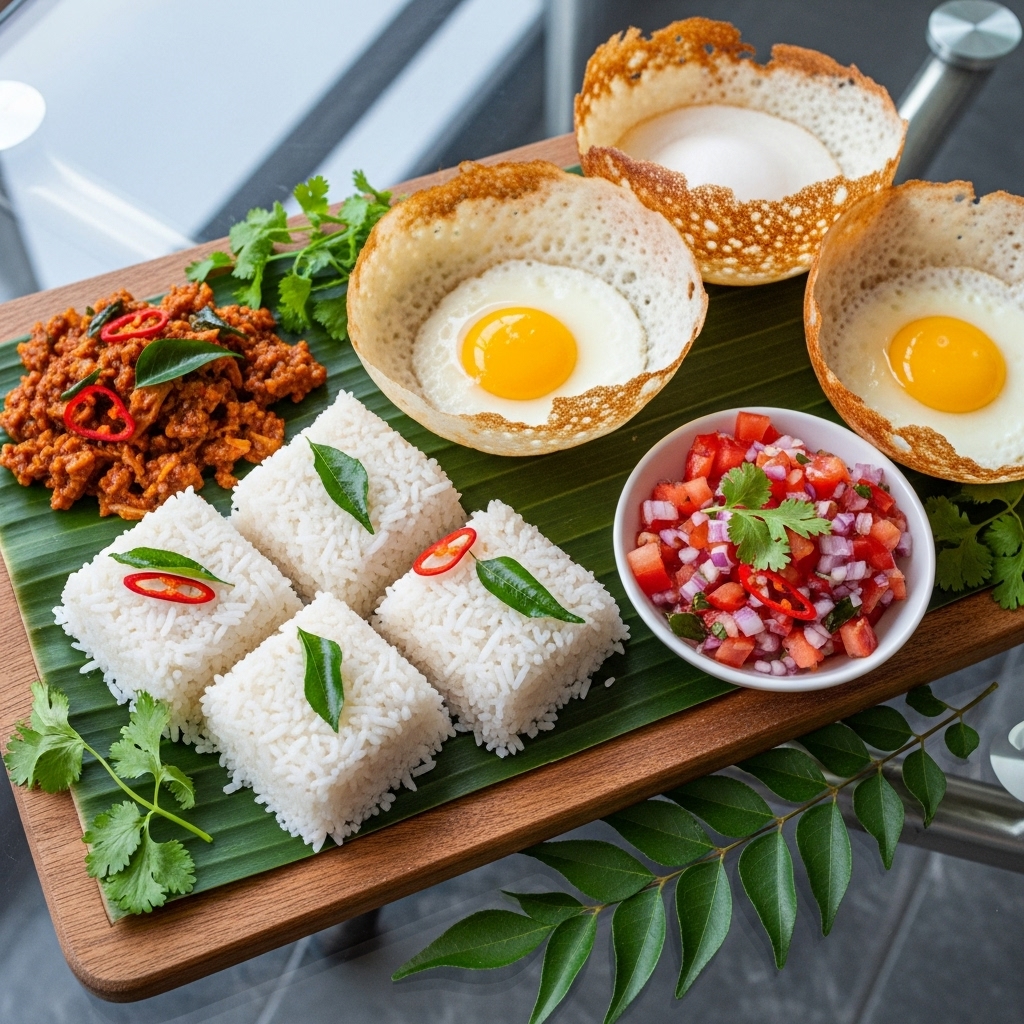 Sri Lankan Brunch Feast: Coconut Milk Rice with Egg Hoppers and Tomato Sambol